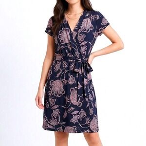 Banana Republic Navy Pink Floral Wrap Dress Petite XS Short Sleeve V-Neck Belted